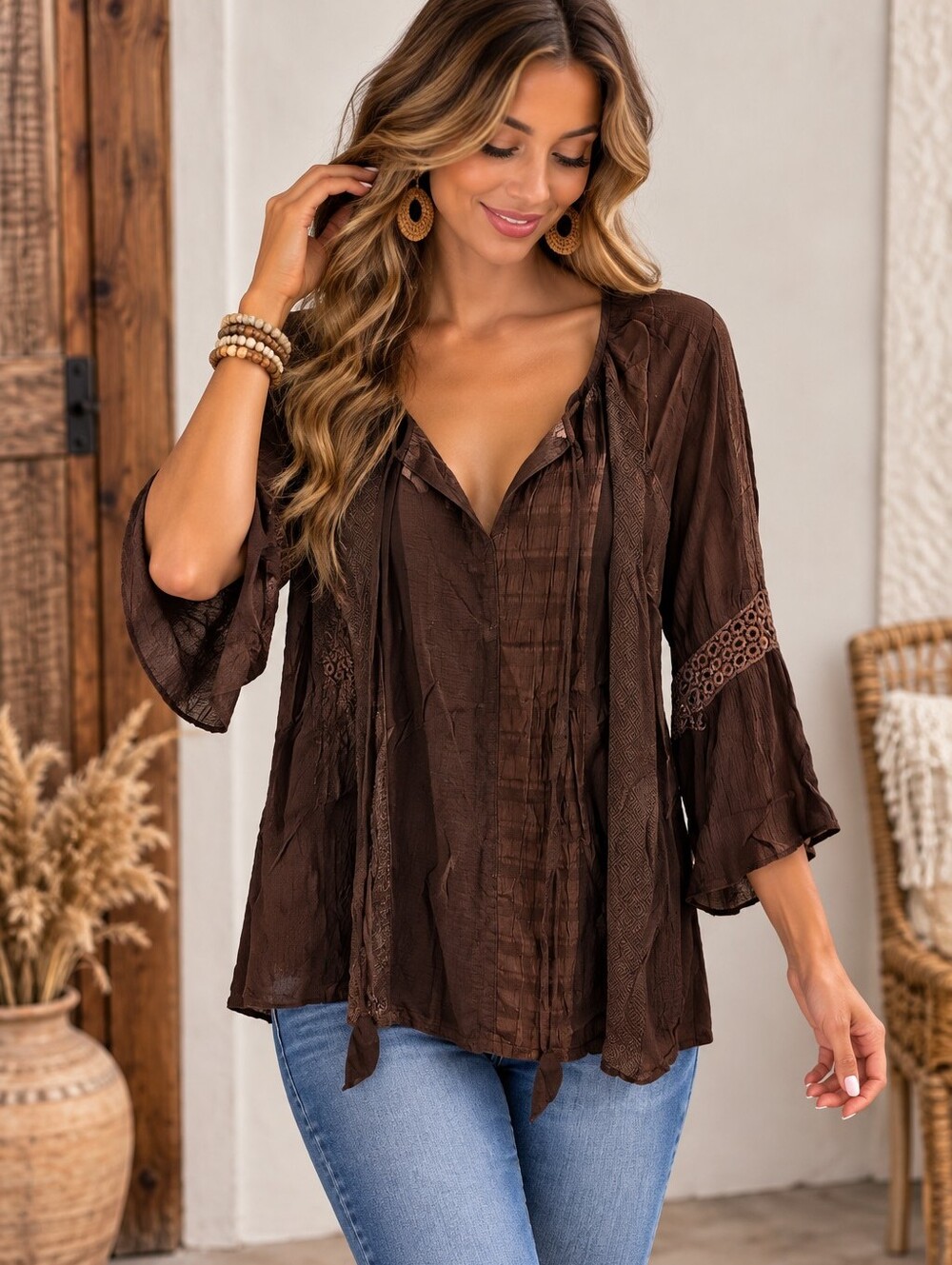 🌵611.Bohemian Women's Brown V-Neck Tunic Blouse